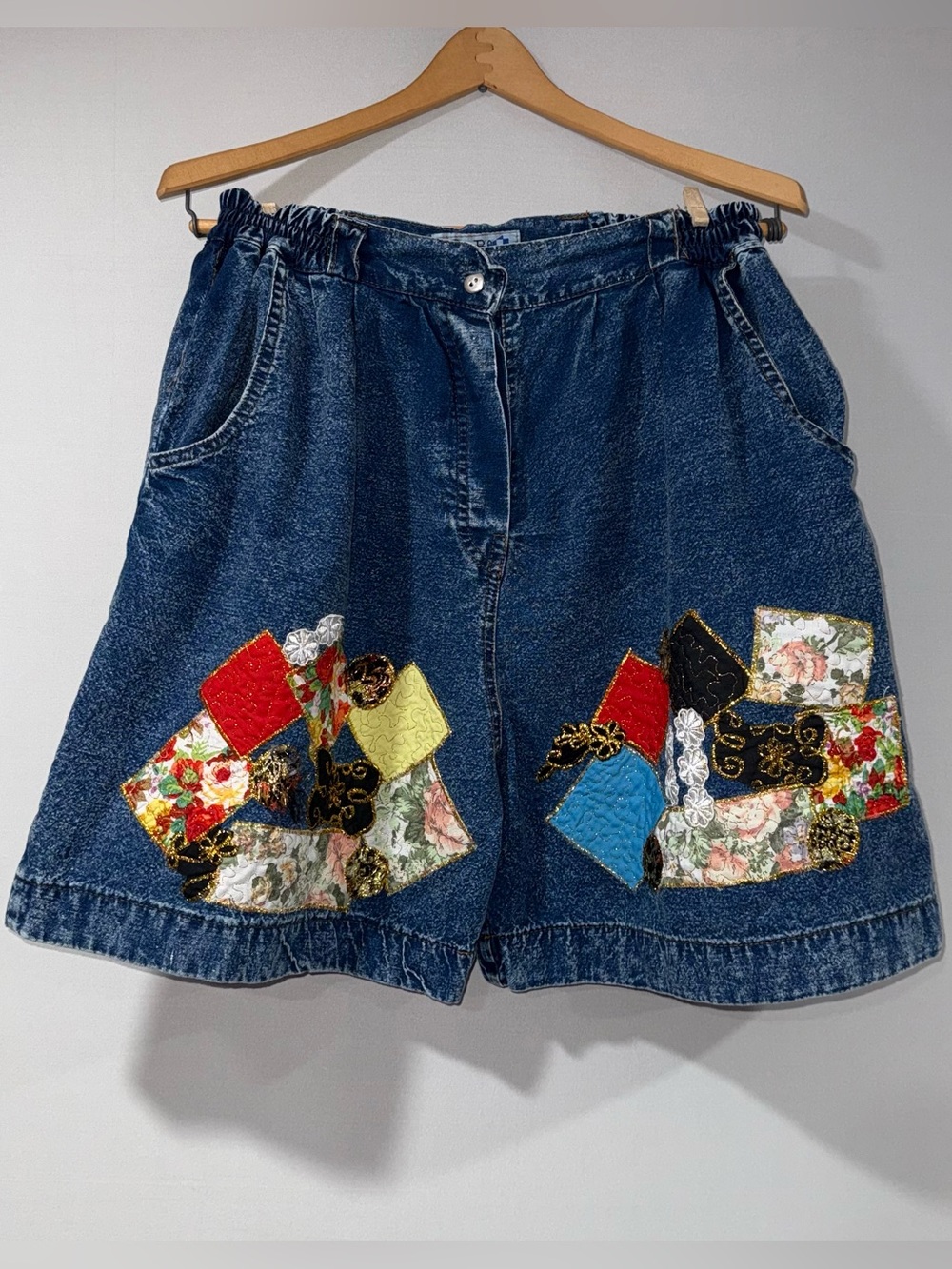Pretty Bleu Dark Blue Denim Patchwork Shorts with Red, Yellow & Black Accents